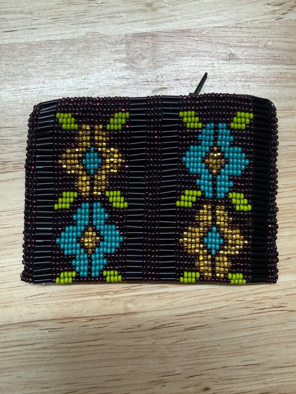 Hand Beaded Mexican Coin Purse 4x3” Floral Blue purple Gold Handmade